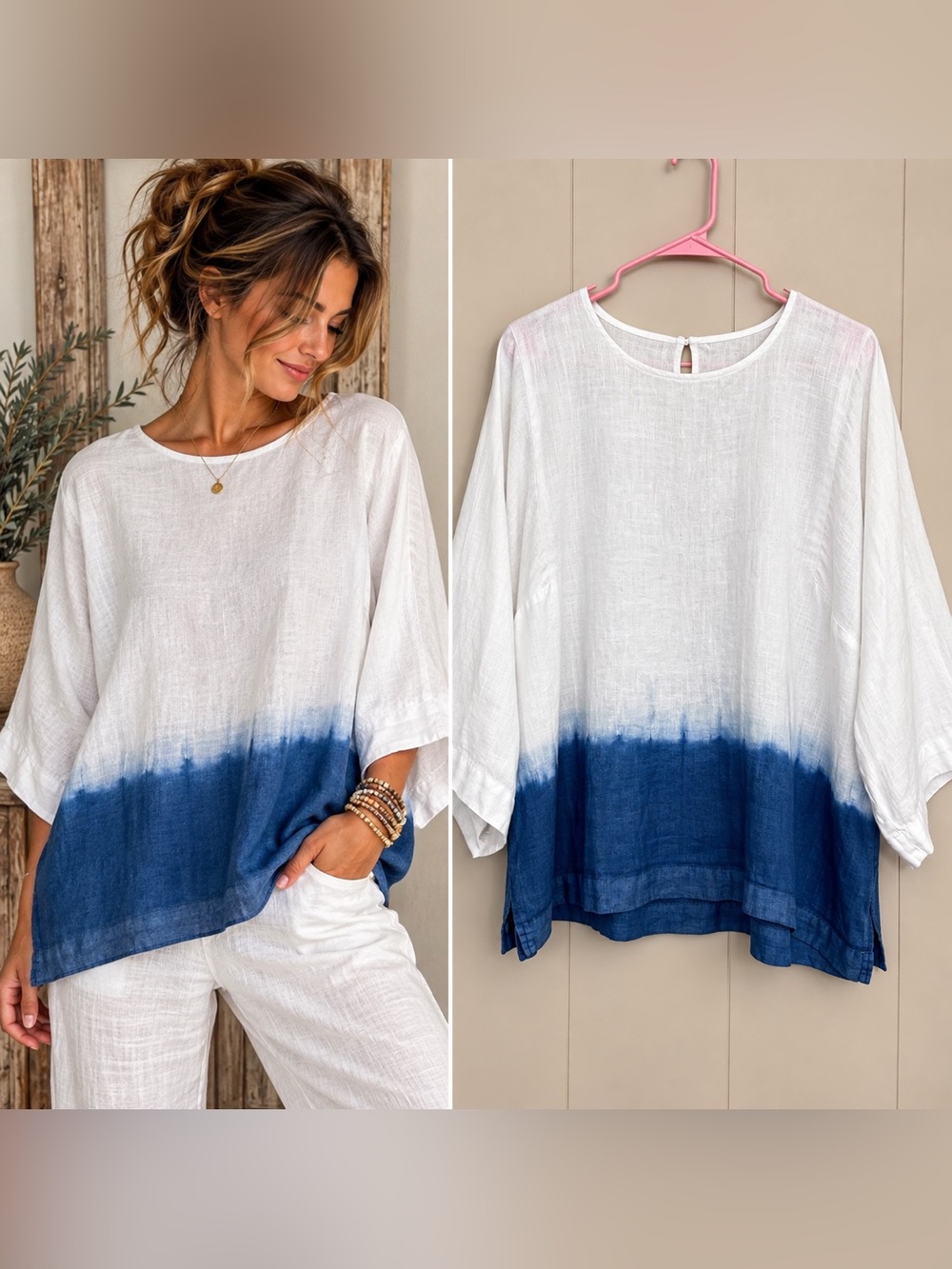 Pure Jill J Jill XL 100% Linen Indigo Blue Dip Dye Kimono Sleeve Oversized Top